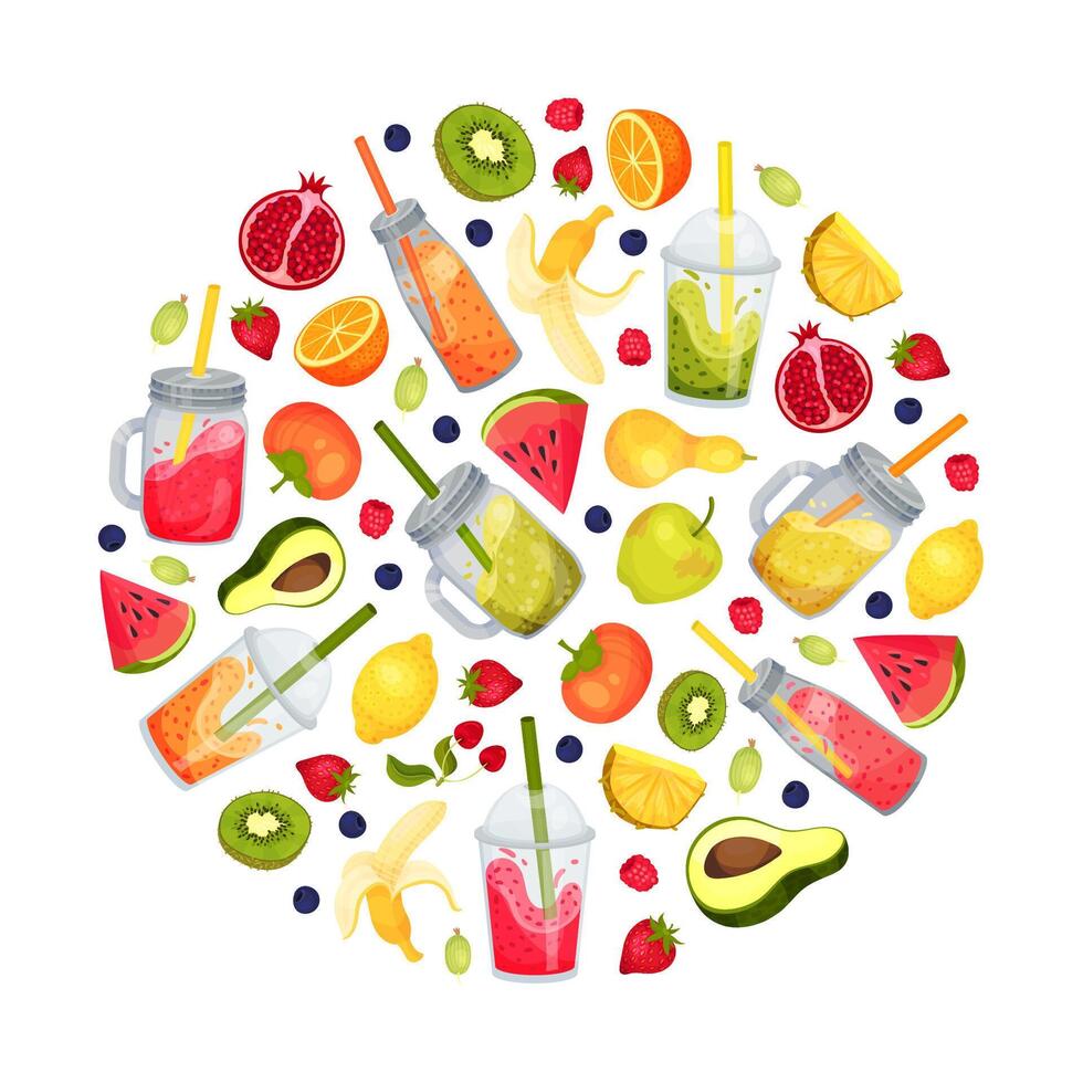 Colorful smoothies and assorted fruits vector