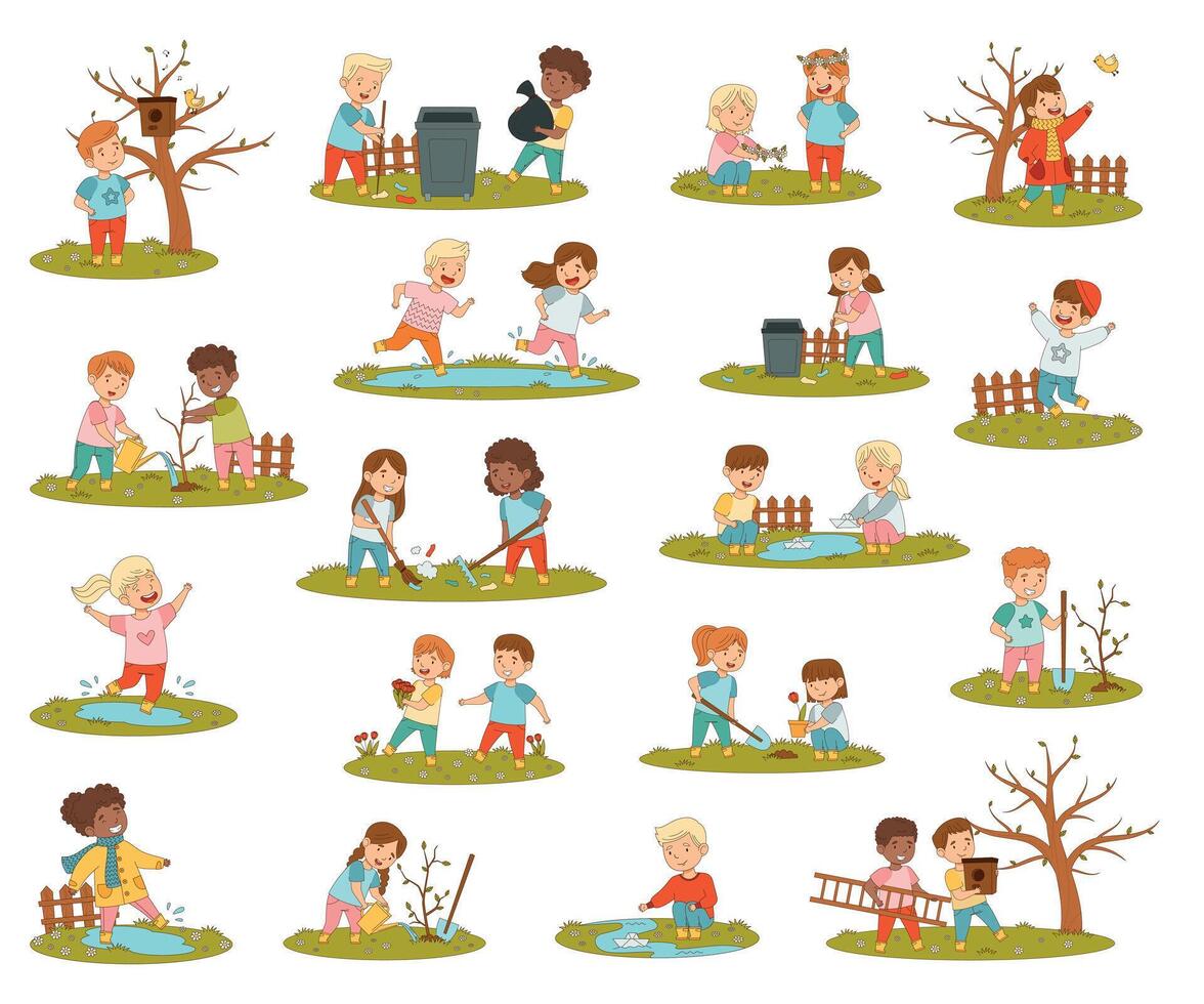 Kids playing and exploring outdoor activities vector