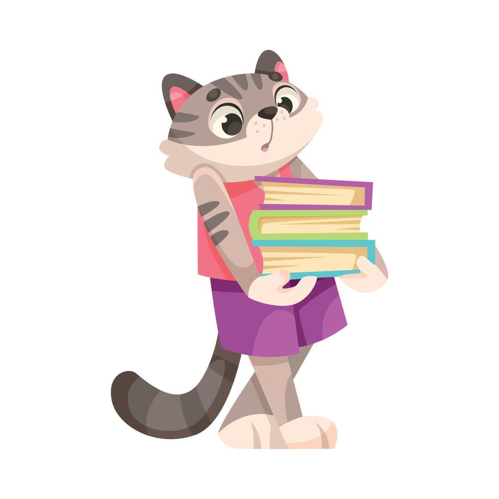 Cat Carry Book Pile as Animal School Student and Pupil Enjoy Study Illustration vector