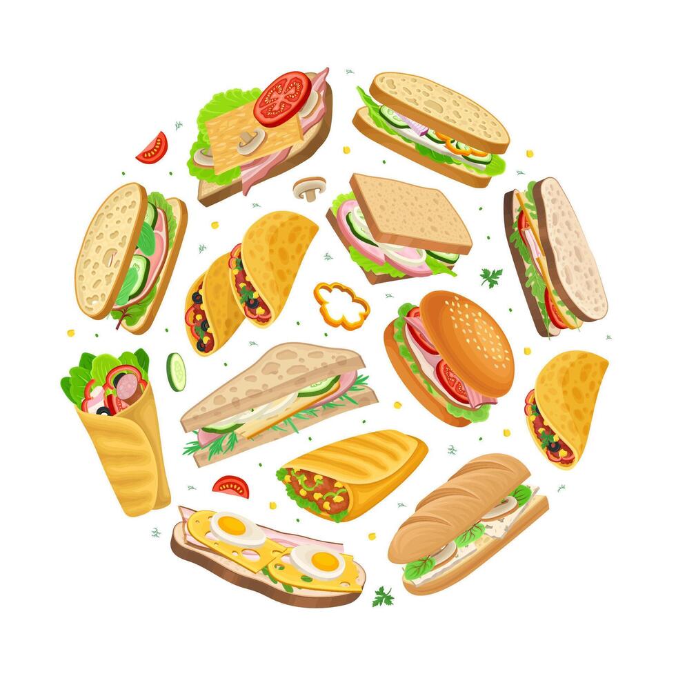 variety of sandwiches and tacos vector