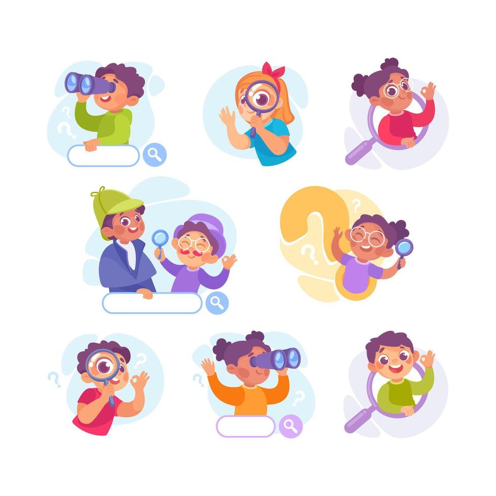 Kids exploring with magnifying glasses vector