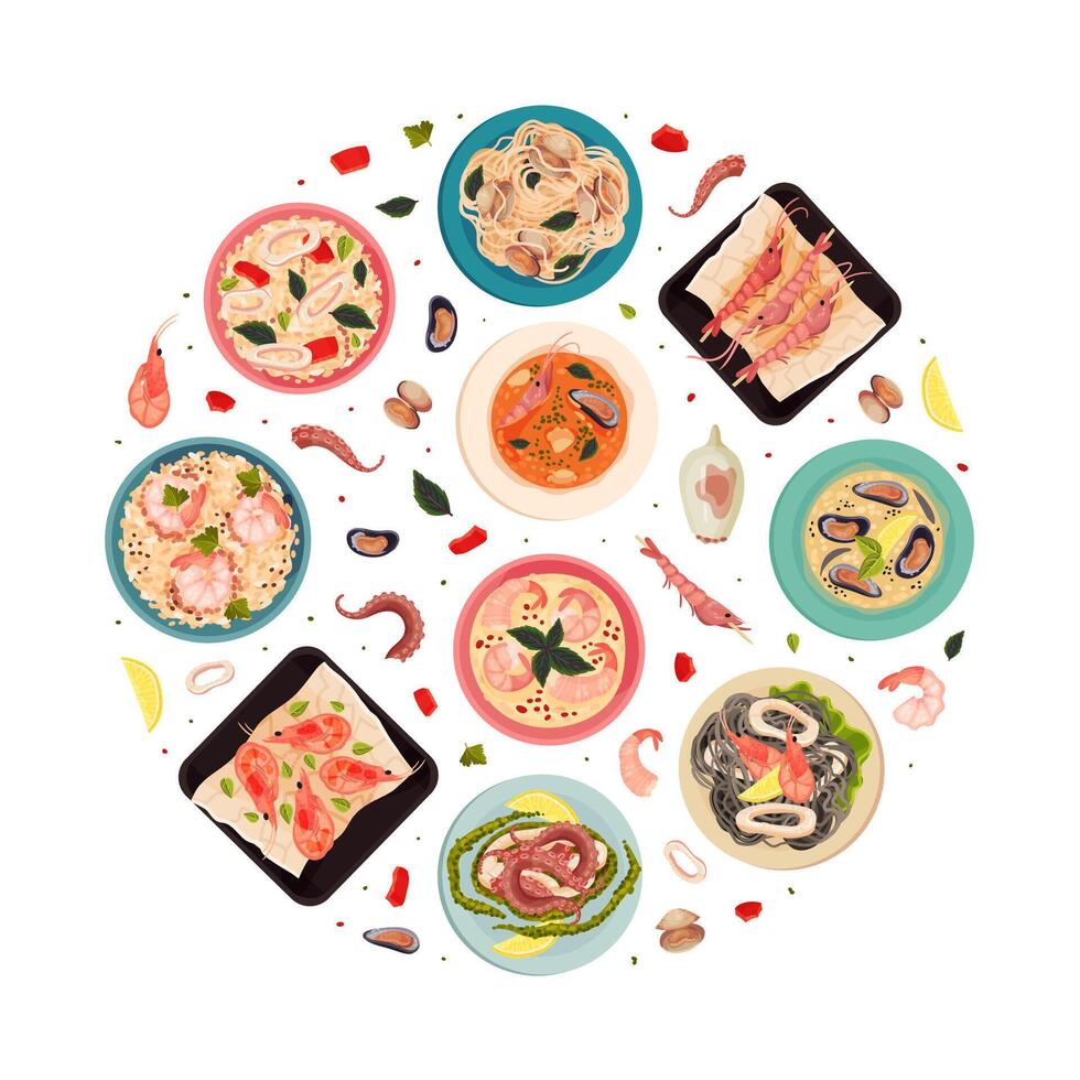 Assorted seafood and pasta dishes on plates vector