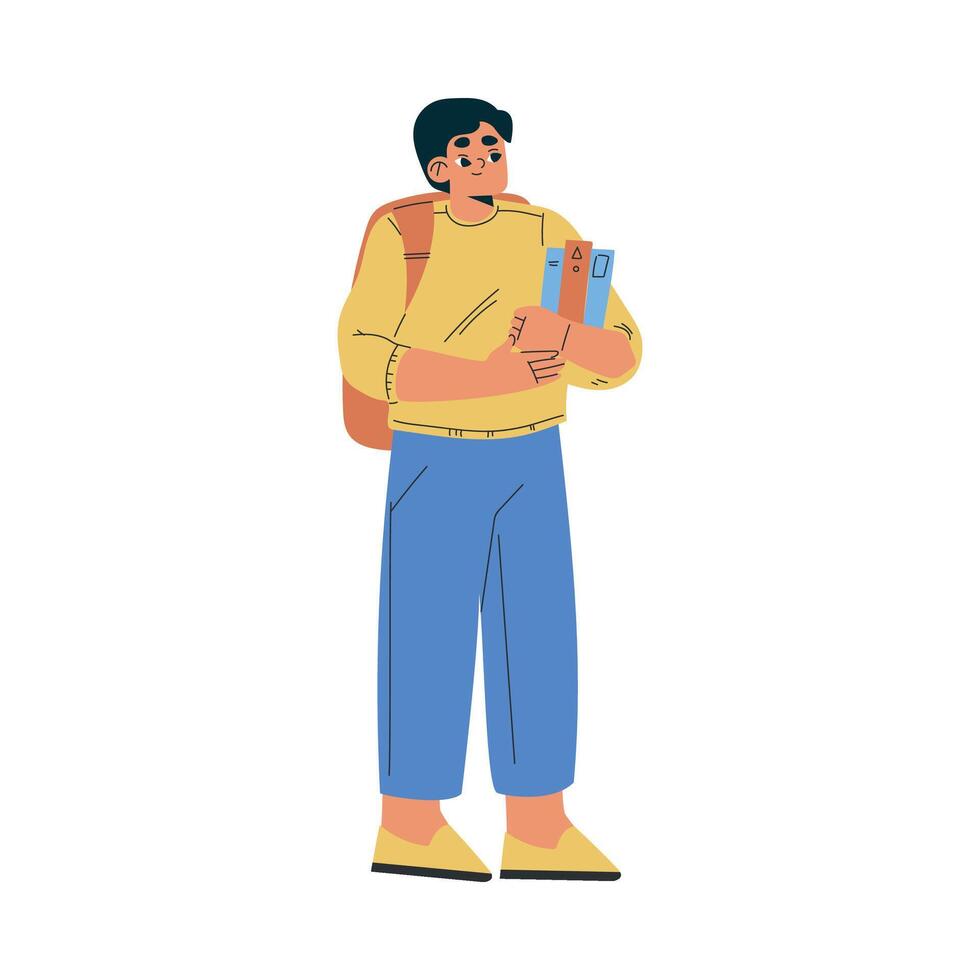 Boy Schoolkid Character with Book and Backpack Standing Illustration vector