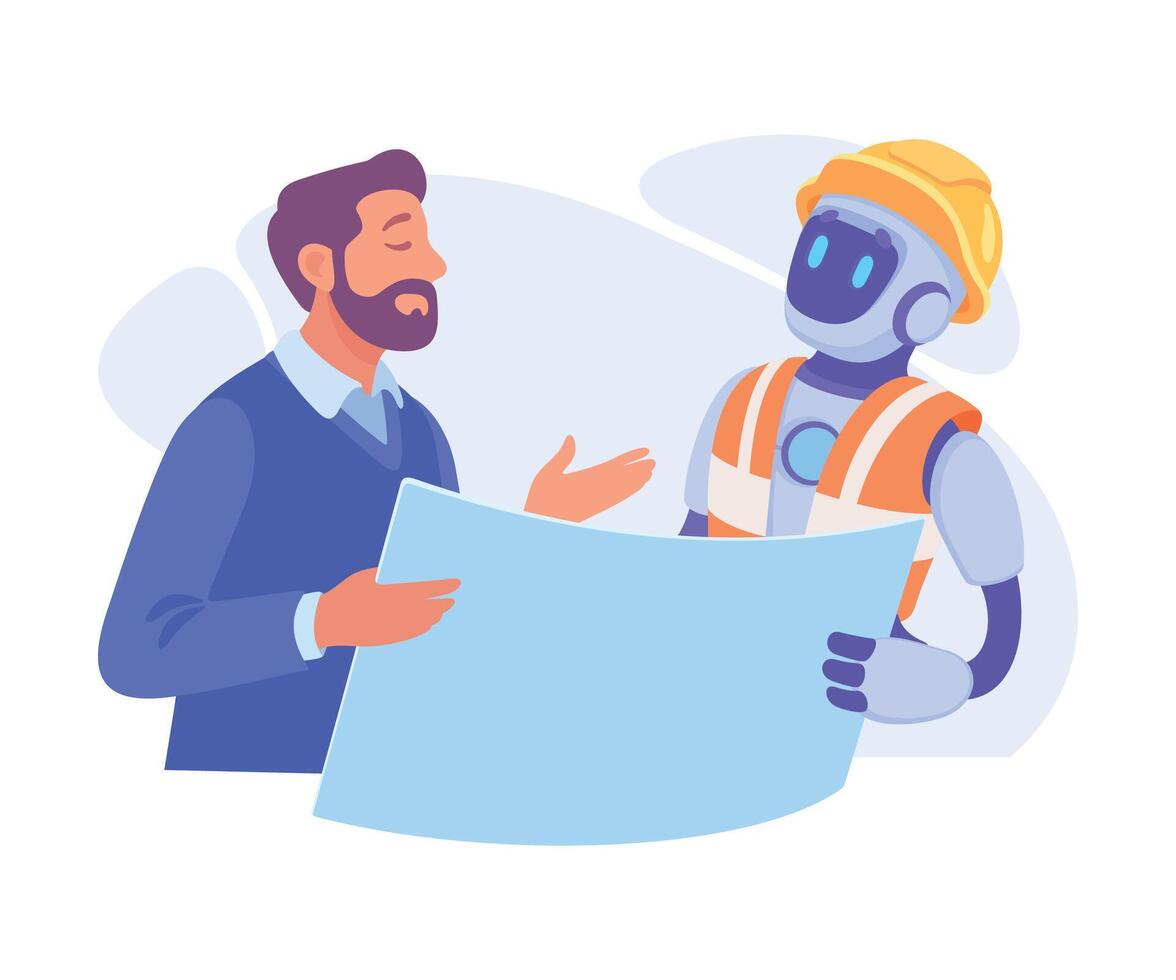 Robot Engineer with Blueprint as Smart Android Assistant Machine Illustration vector