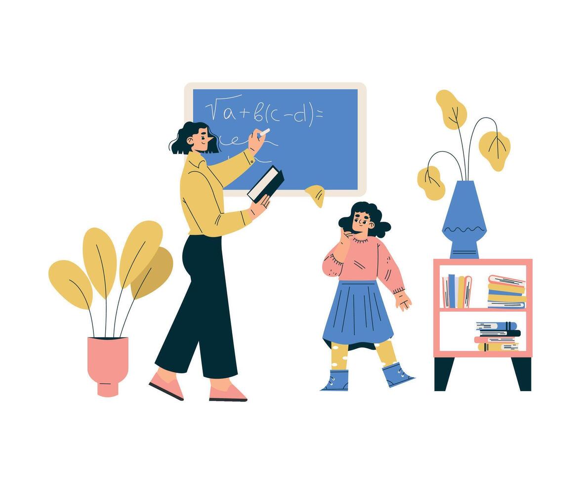Girl Schoolkid Character at Chalkboard with Teacher in Class Illustration vector
