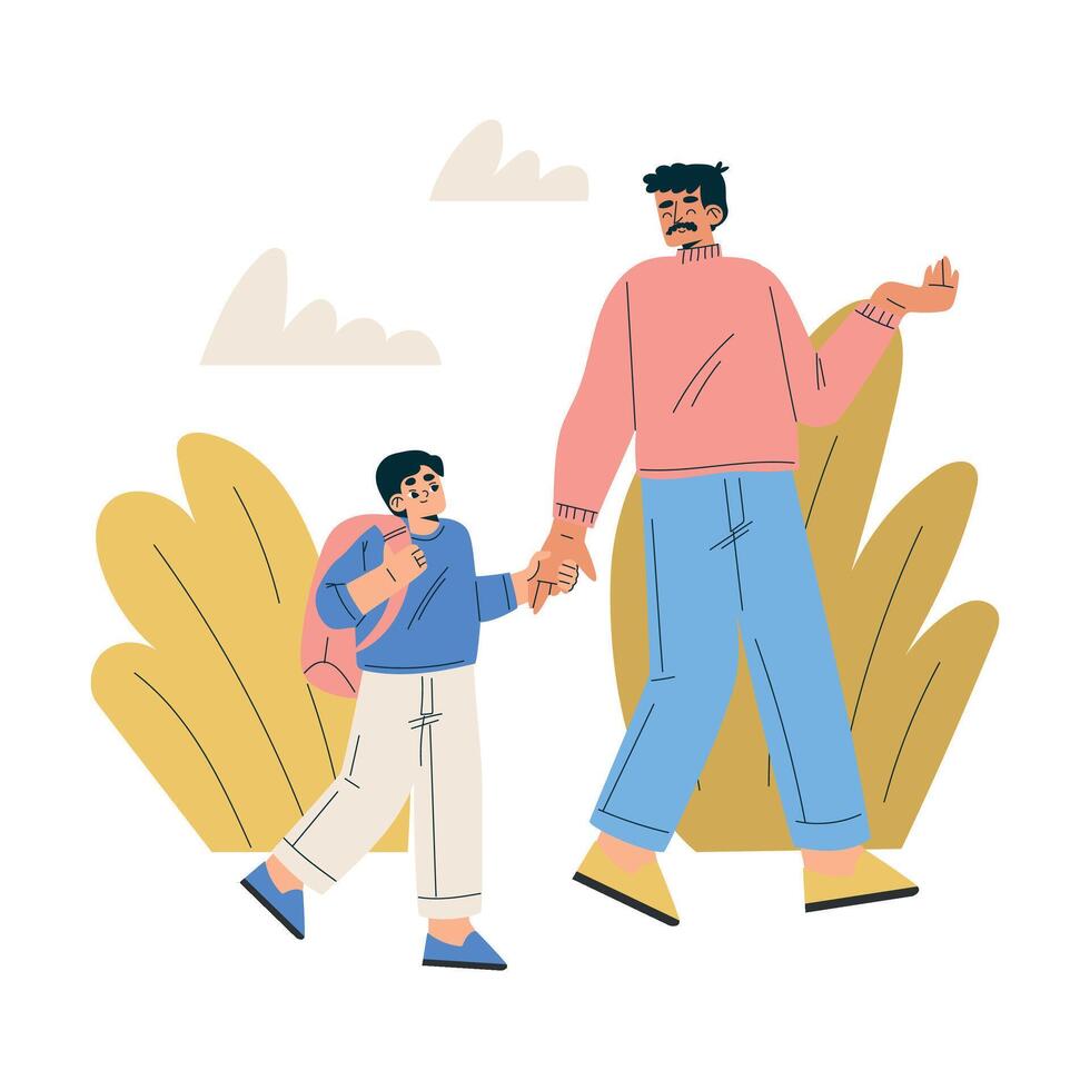 Boy Schoolkid Character Going to School with Dad Illustration vector