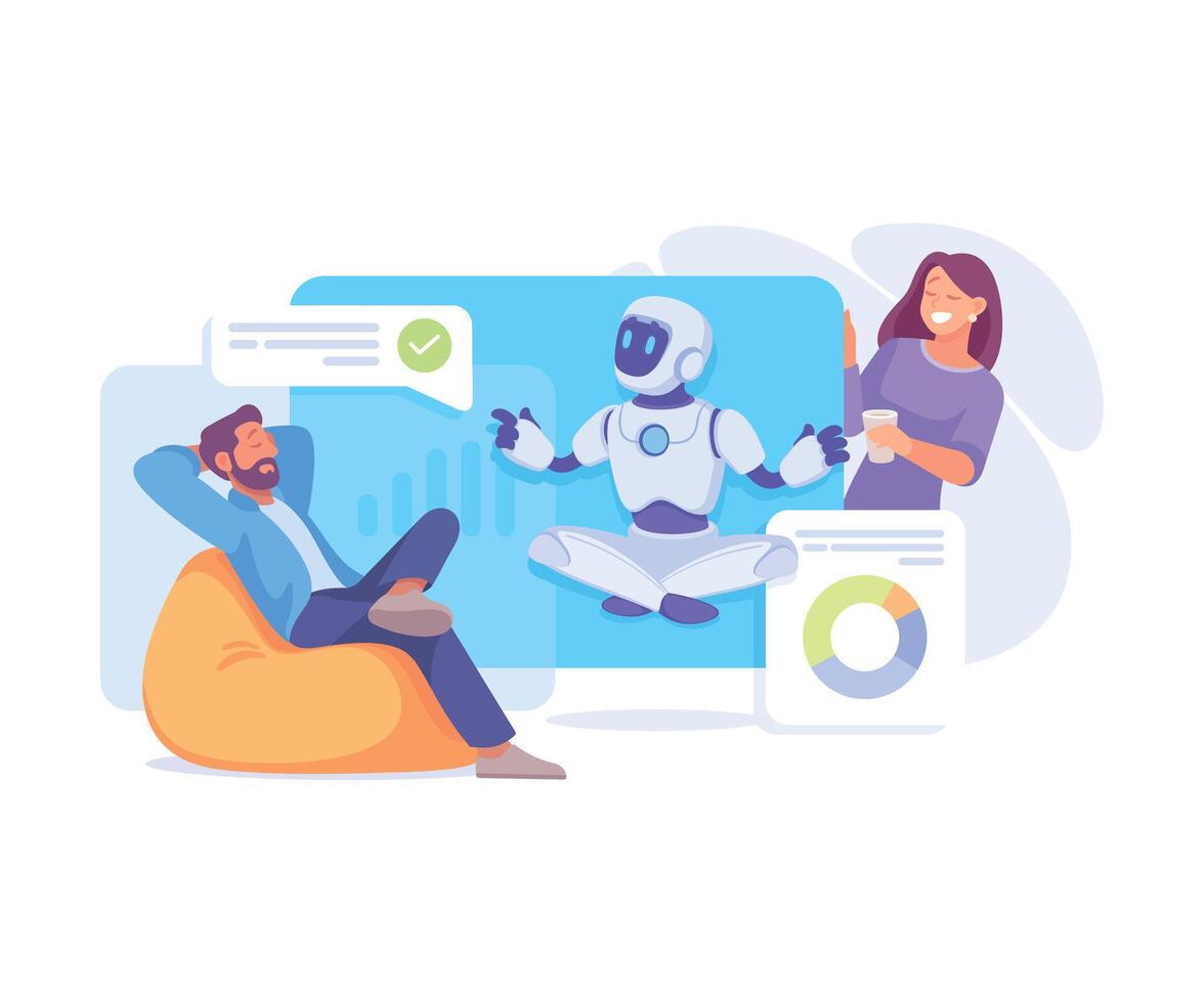Robot Character Interact with Man and Woman as Smart Android Assistant Machine Illustration vector