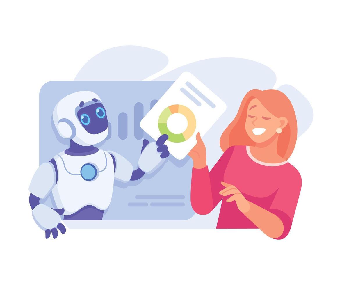 Robot Interact with Woman in Business Process as Smart Android Assistant Machine Illustration vector