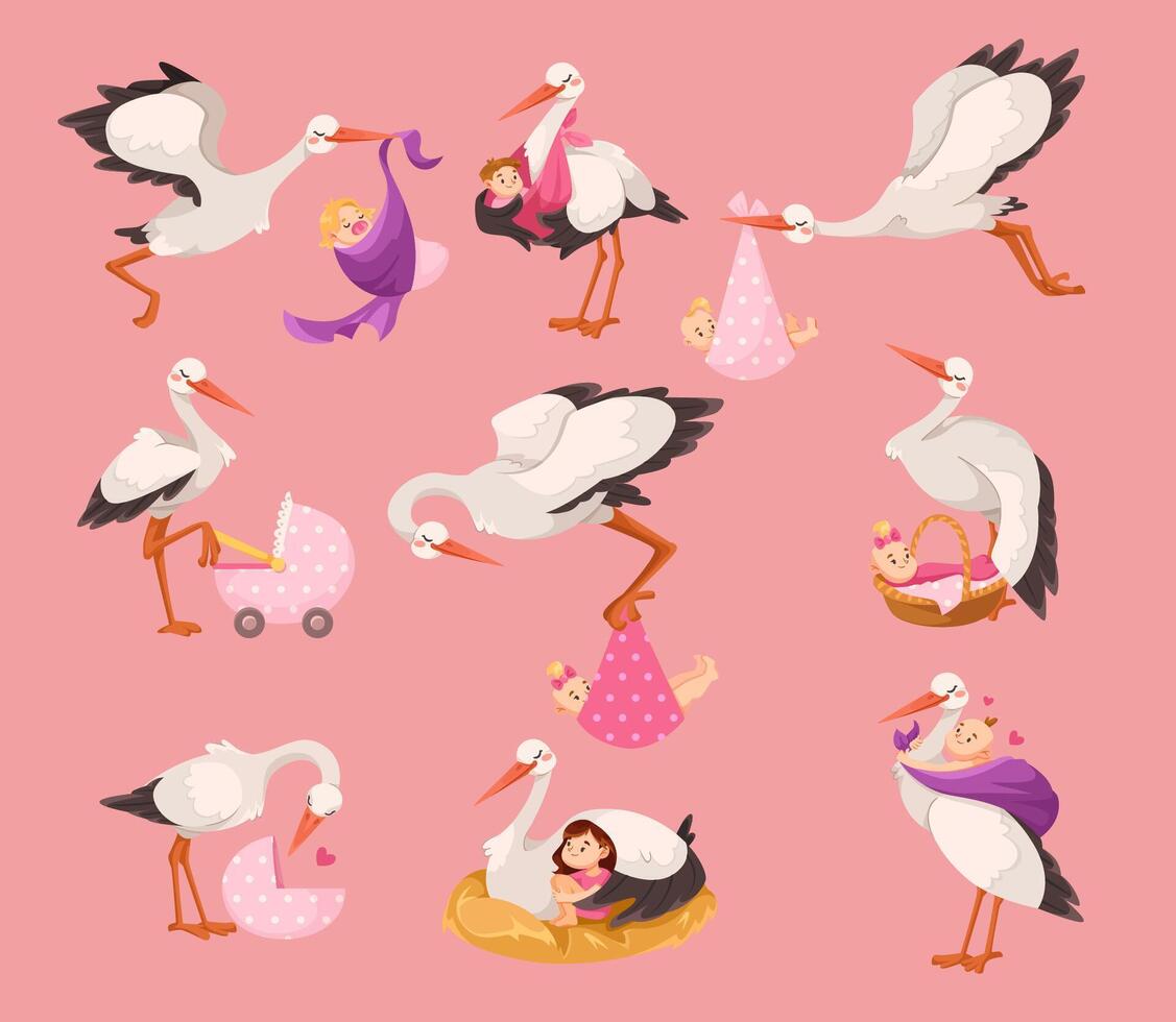Storks delivering babies in cute settings vector