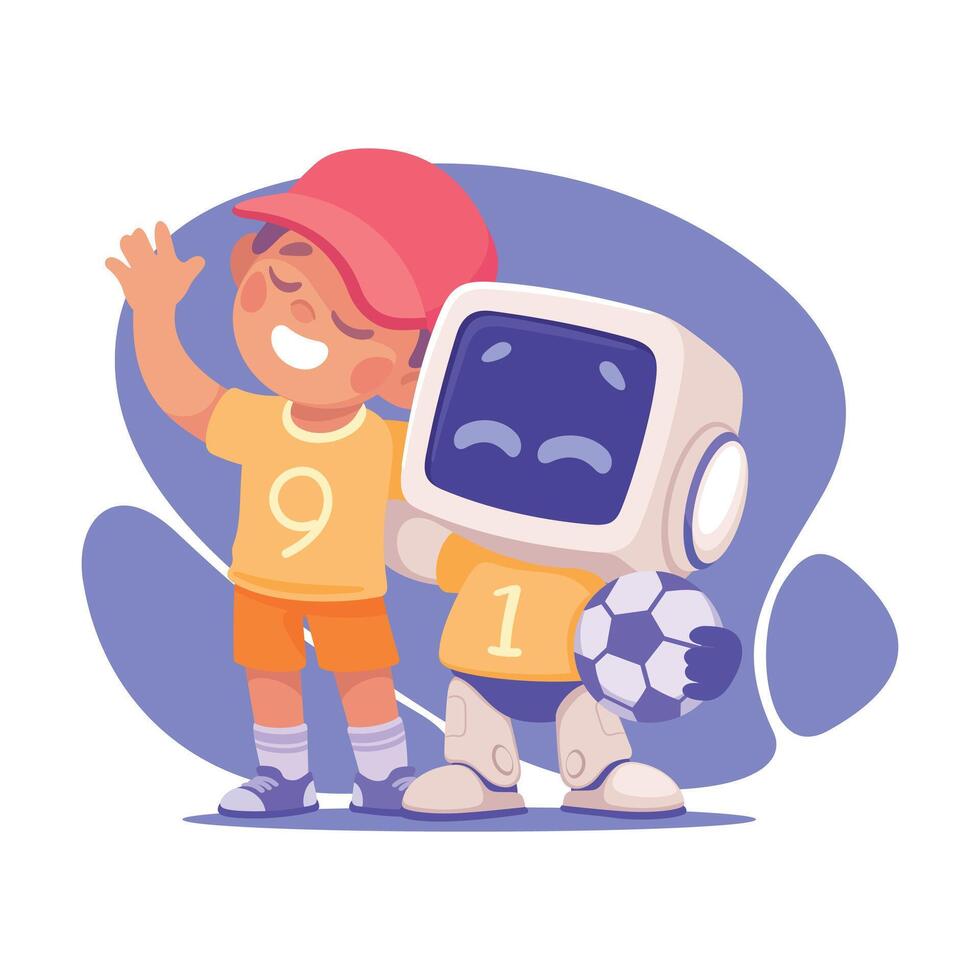 Robot Character Play Football with Boy as Smart Android Assistant Machine Illustration vector