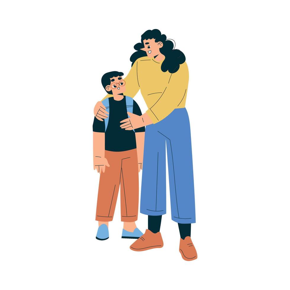 Boy Schoolkid Character Going to School Embrace with Mom Illustration vector