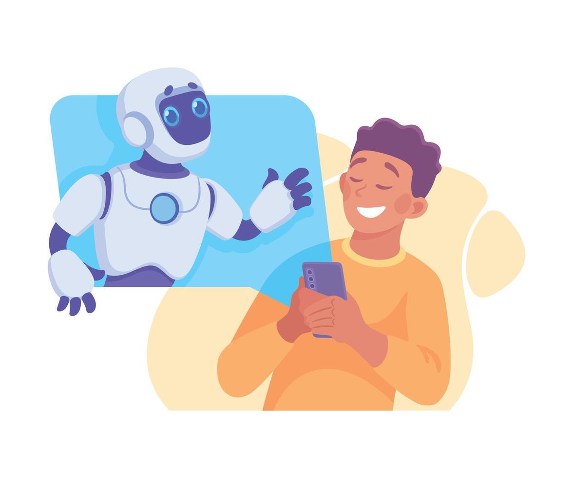 Man Use Smartphone App with Robot Character as Smart Android Assistant Machine Illustration vector