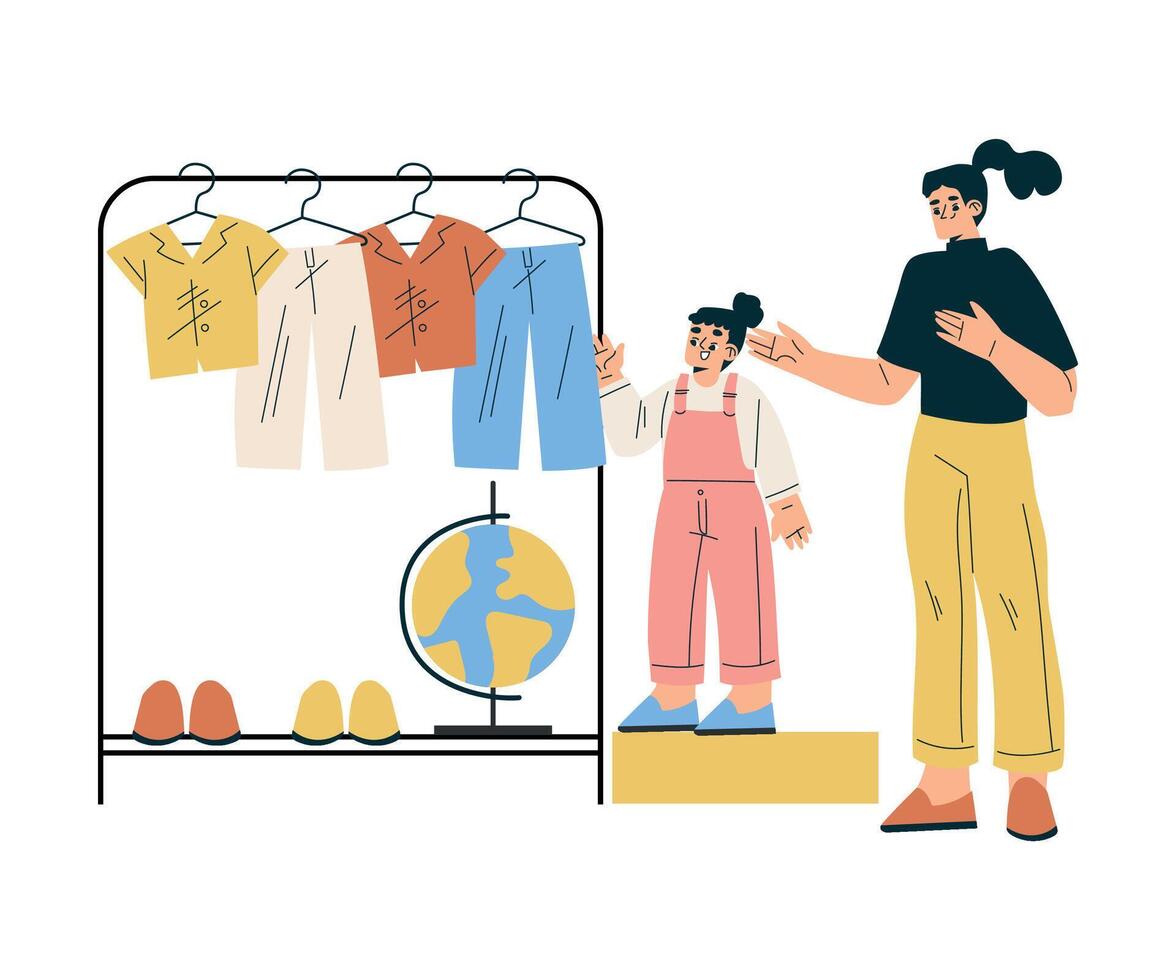 Girl Schoolkid Character Dress Up for School with Mom Illustration vector