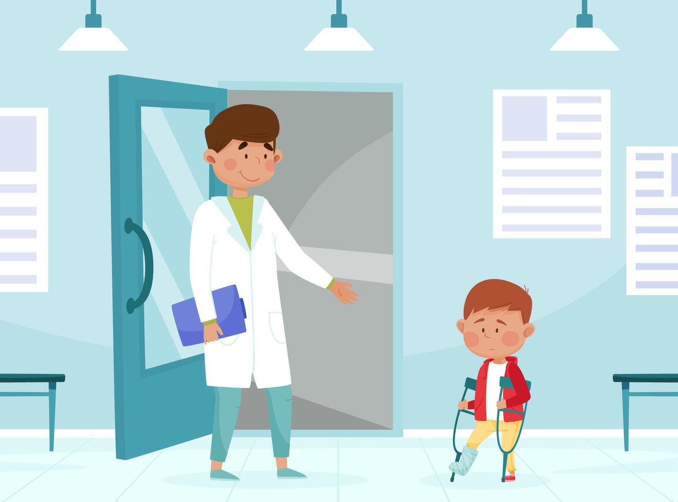 Child with crutches and doctor in clinic vector