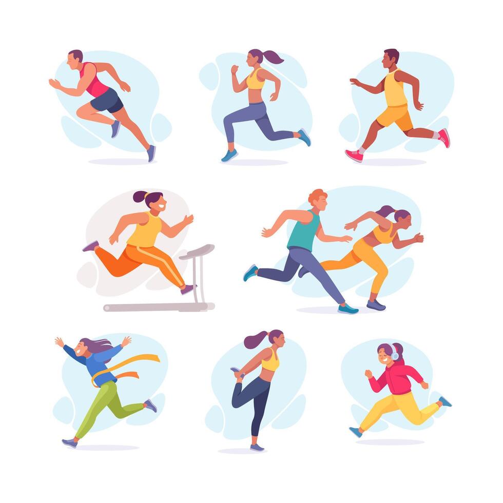 People running and exercising in different activities vector