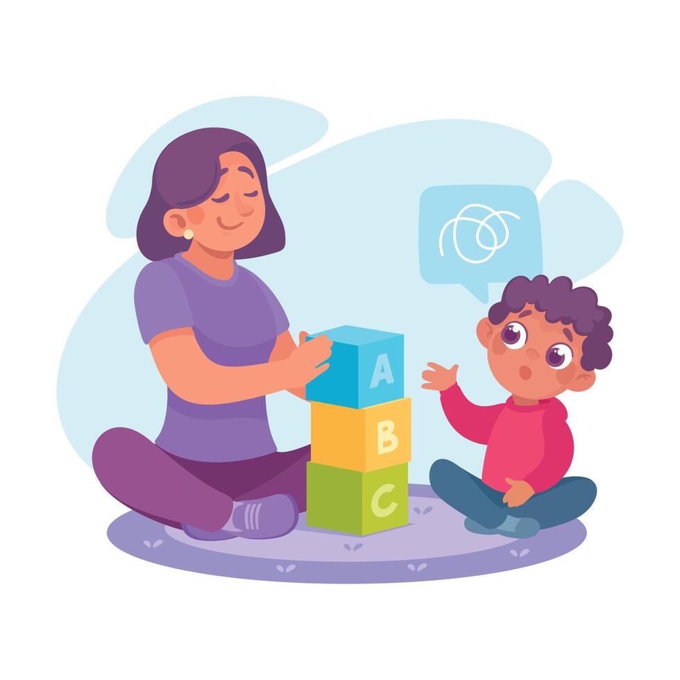 Speech with Teacher Explaining Alphabet to Little Boy Illustration vector