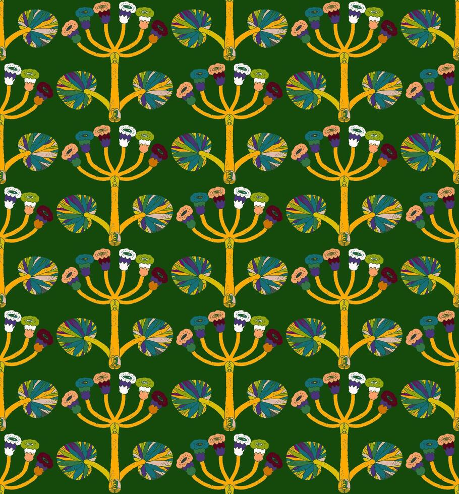 a green and yellow pattern with a tree and flowers vector