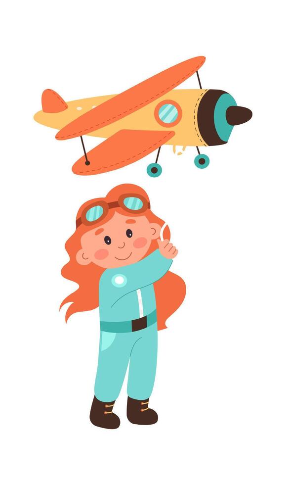 Funny cartoon baby girl pilot flat icon vector