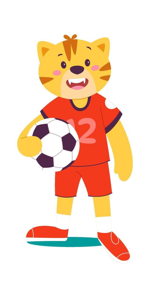 Happy tiger with ball play football flat icon Sport game vector