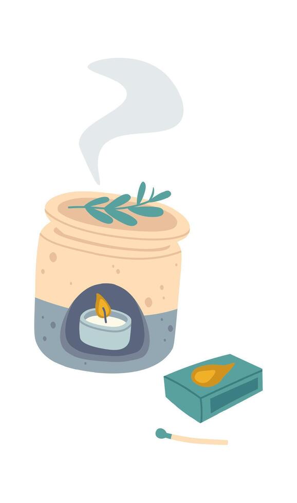 Aroma lamp with burning candle and matchbox Aromatherapy flat icon vector