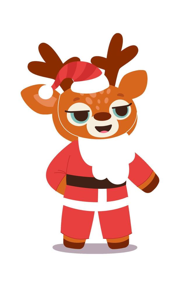 Cute cartoon christmas reindeer in Santa Claus suit flat icon vector