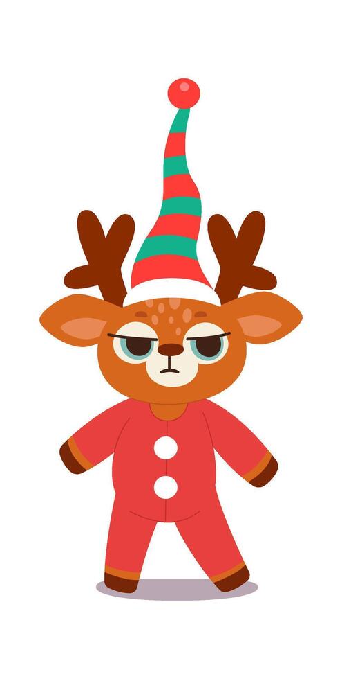 Cute cartoon christmas reindeer in elf hat flat icon vector