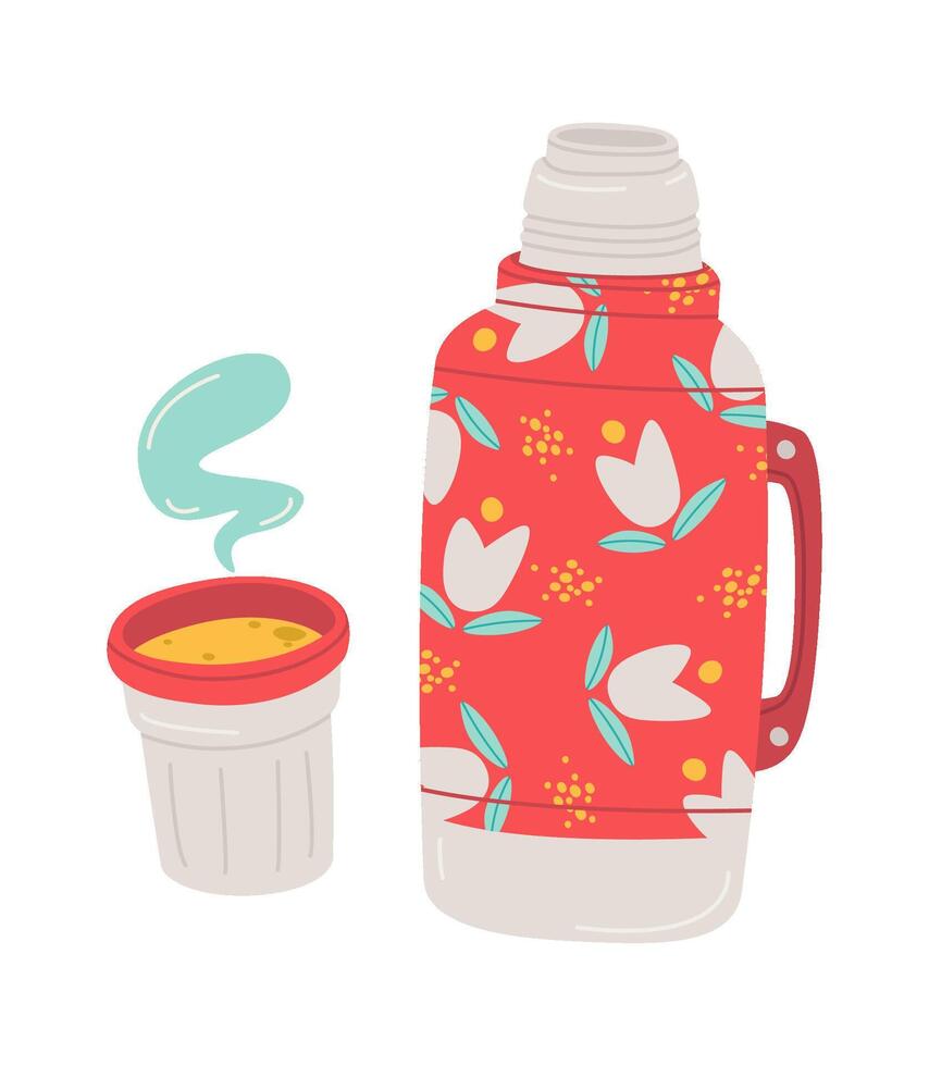 Stainless steel vacuum insulated bottle with mug Thermos flat icon vector