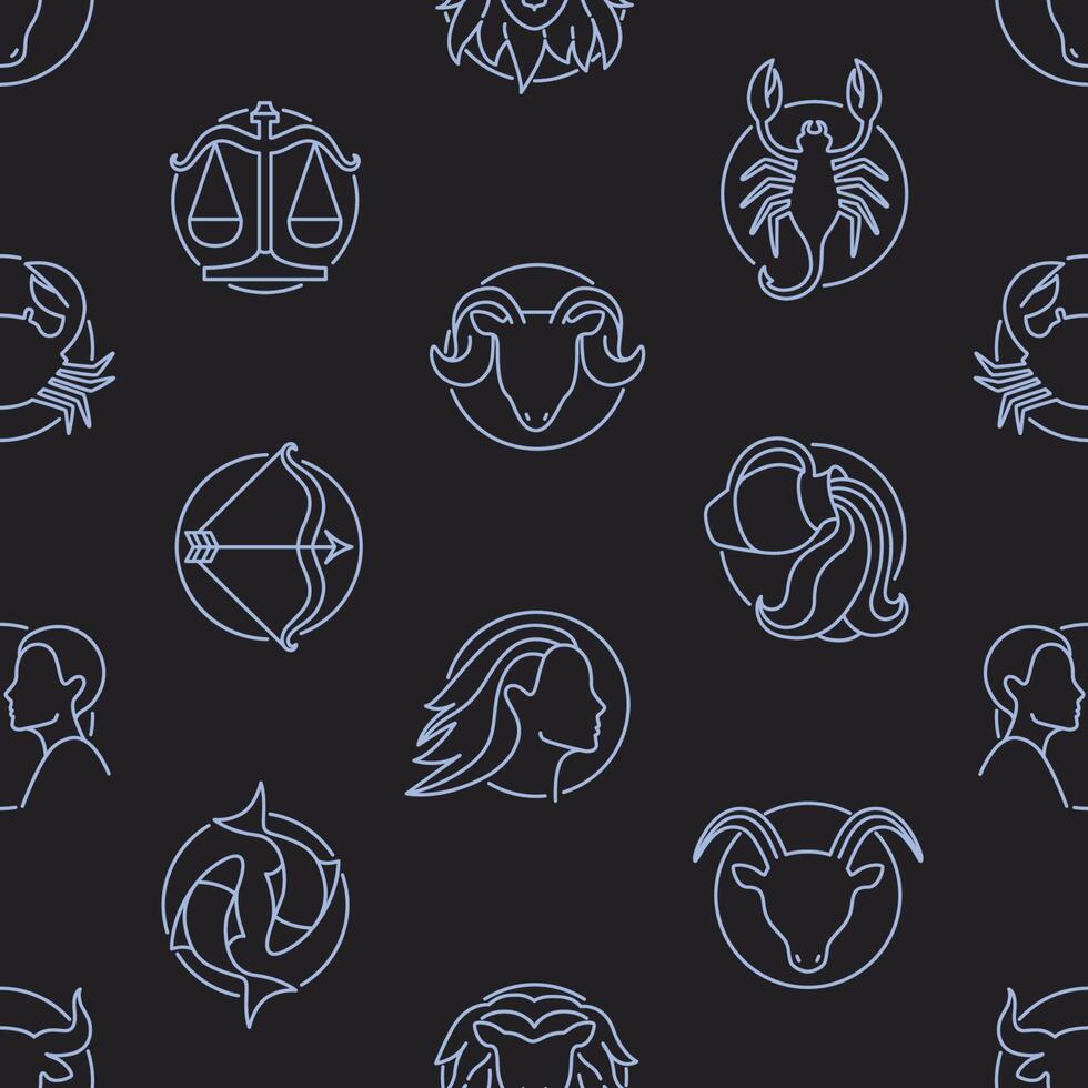 Monochrome seamless pattern with Zodiac signs drawn with contour lines on black background. Backdrop with horoscope symbols. illustration in linear style for wrapping paper, textile print. vector