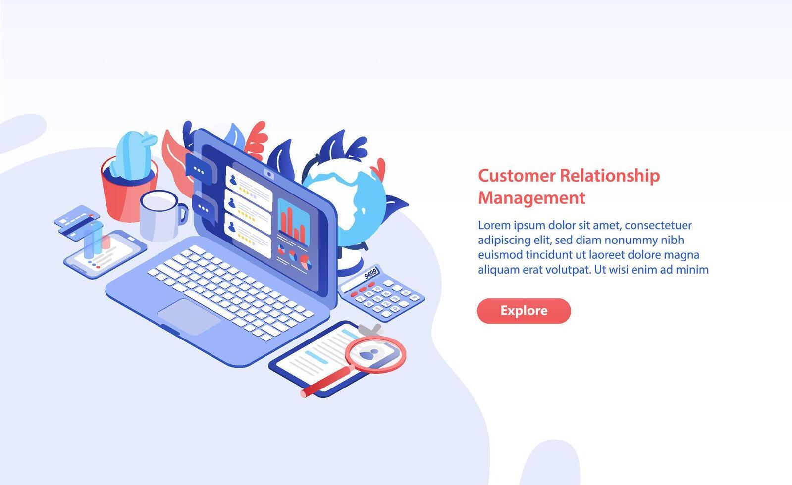 Horizontal web banner template with laptop, tablet pc and smartphone on table and place for text. Customer relationship management, service feedback, audience retention analysis. illustration. vector