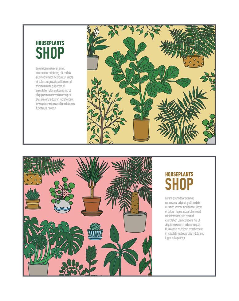 Bundle of horizontal banner or flyer templates with houseplants growing in pots and place for text. illustration for home gardening store or plant cultivation shop advertisement or promotion. vector
