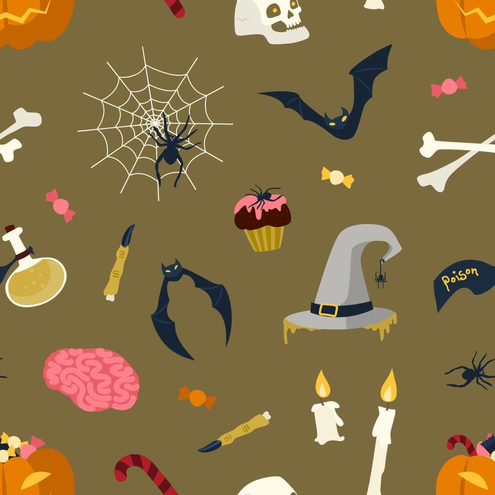 Seamless pattern with Halloween magic items and creatures on dark background - Jack-o'-lantern, witch hat and flask with potion, spider web, bat, burning candles. Holiday flat illustration. vector