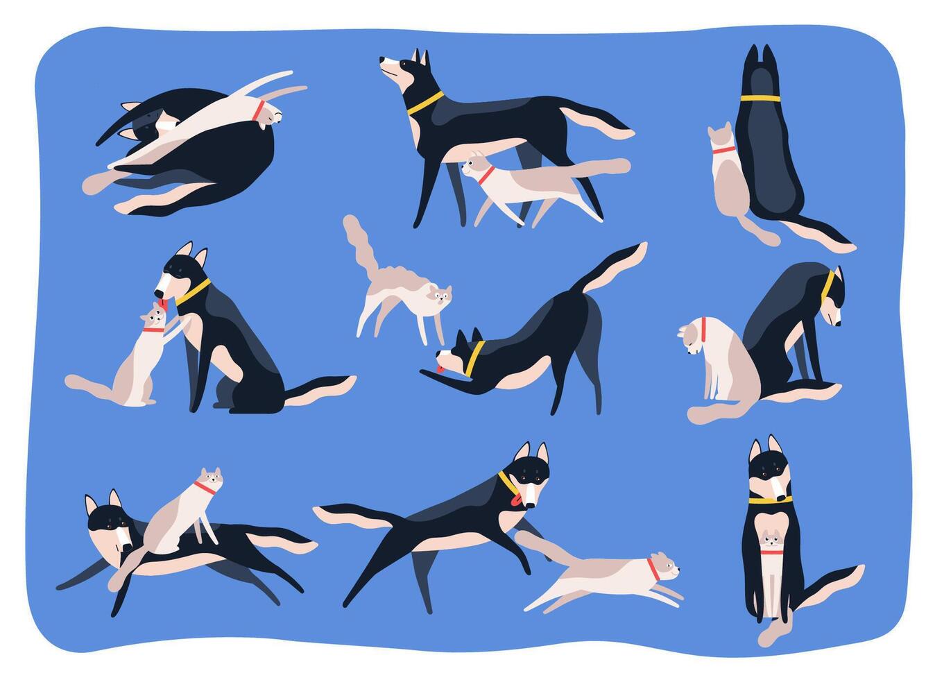 Bundle of dog and cat playing, chasing one another, sitting or lying together. Collection of pair of cute friends. Friendship between pets or domestic animals. Flat cartoon illustration. vector