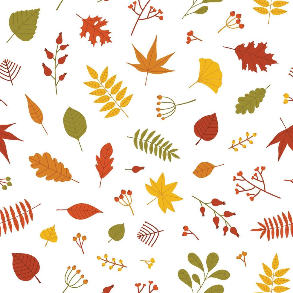 Autumn seamless pattern with fallen tree leaves and sprigs with berries on white background. Colorful natural autumnal illustration in flat style for wrapping paper, backdrop, textile print. vector