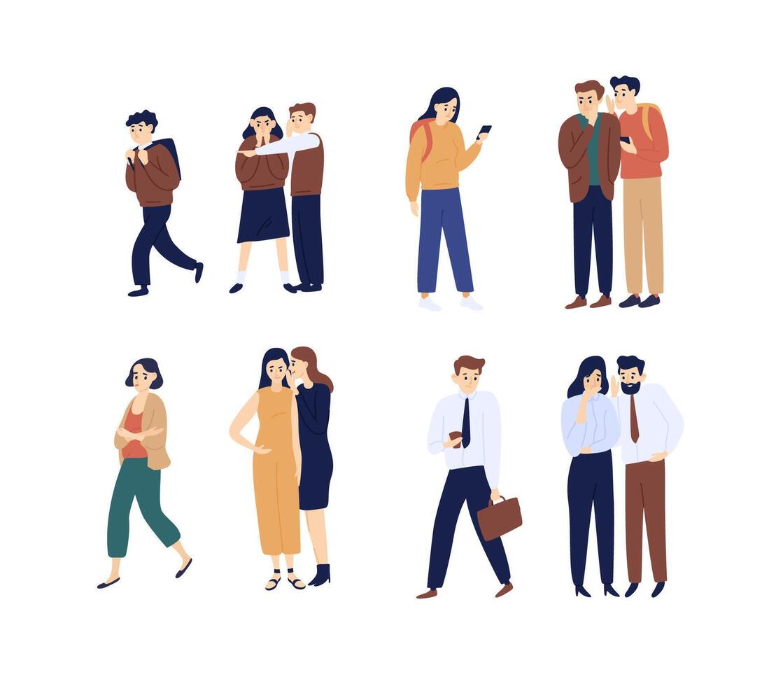 Collection of men and women gossiping, spreading rumors, talking and whispering. Bundle of funny cartoon characters isolated on white background. Bright colored illustration in flat style. vector