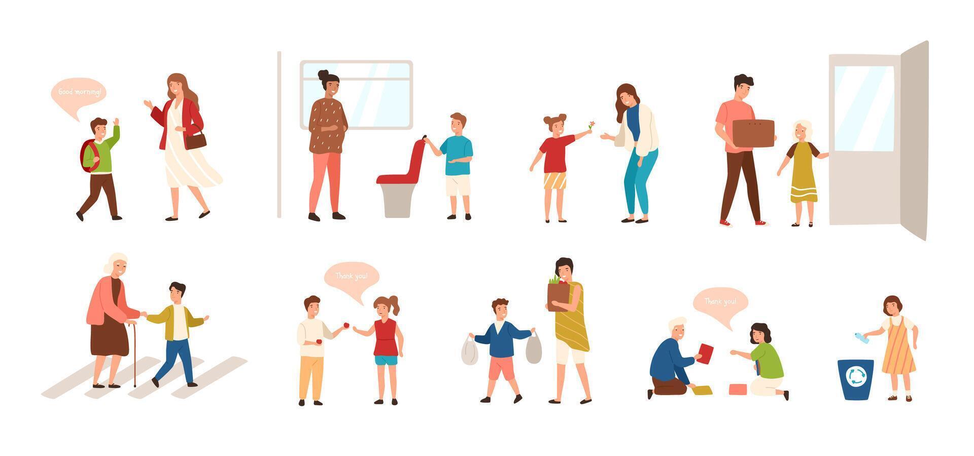 Collection of well-behaved kids isolated on white background. Set of children demonstrating good manners - open door, helping old lady to cross road, offering seat to woman. illustration. vector