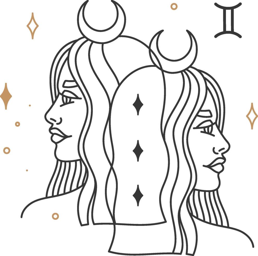 Minimalist line art illustration depicting the Gemini astrological sign with two female profiles facing opposite directions. Accented by crescent moons and stars. Embodying duality and communication vector