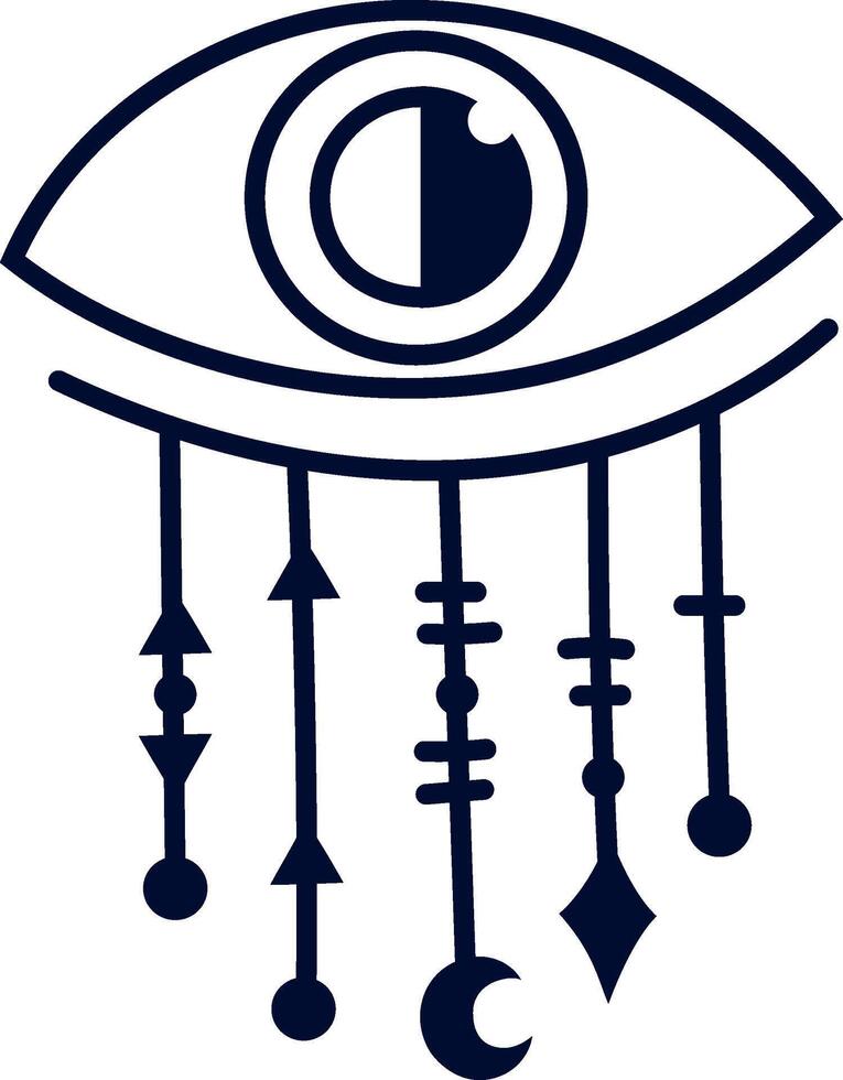 Eye is watching with hanging arrows, moon and geometric shapes, forming a mystical and esoteric symbol, suitable for spiritual and boho designs vector