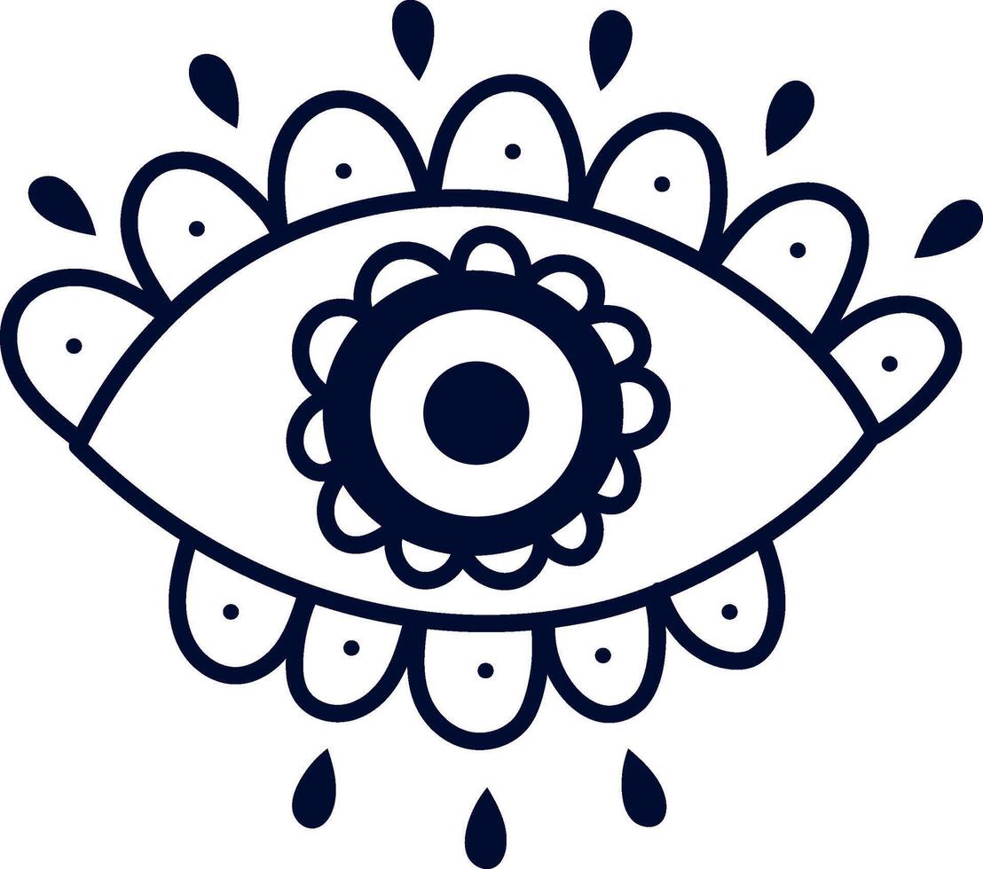 Stylized eye with decorative floral eyelashes and teardrops radiating light beams evokes a sense of mystery and wonder, perfect for adding a touch of intrigue to any design vector