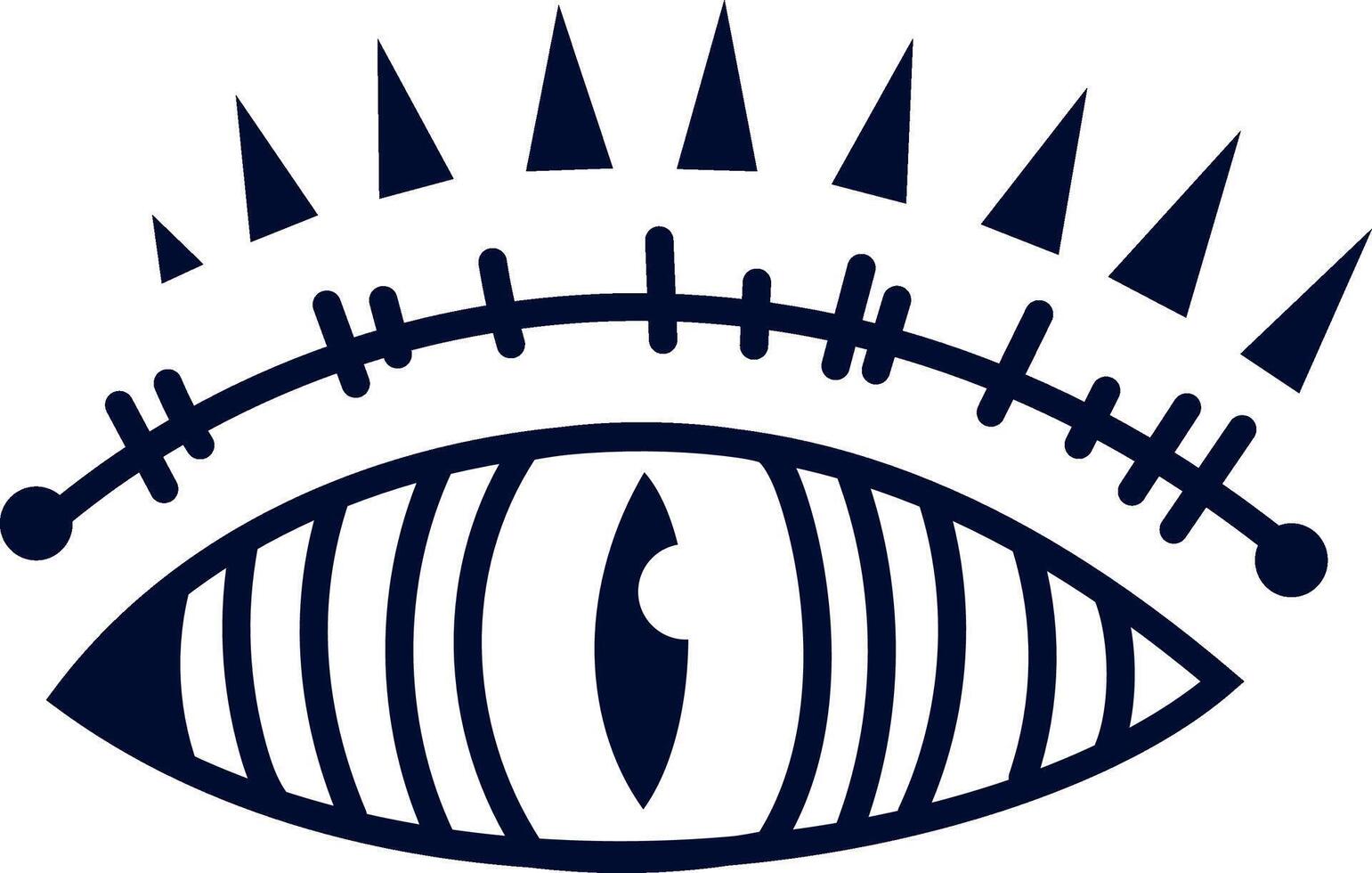 Stylized eye with eyelash rays and stitched eyelid staring intensely, creating a captivating and enigmatic visual ideal for themes of vision, mystery, and spirituality vector