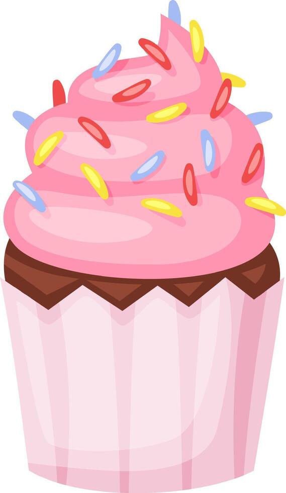 Pink cupcake adorned with colorful sprinkles, sitting temptingly at a birthday party or any festive celebration, ready to bring joy and sweetness to the occasion vector
