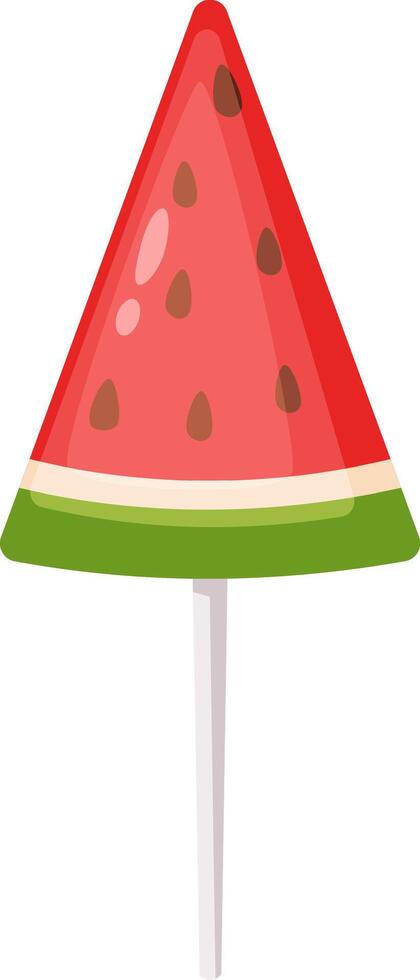 Triangular slice of juicy red watermelon with dark seeds transformed into a frozen popsicle on a white stick, offering a cool and refreshing summer treat vector