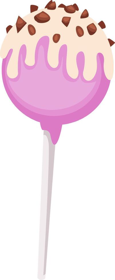 Round pink cake pop with a layer of white chocolate sauce dripping down the sides, topped with chocolate chips, on a white stick against a white background vector