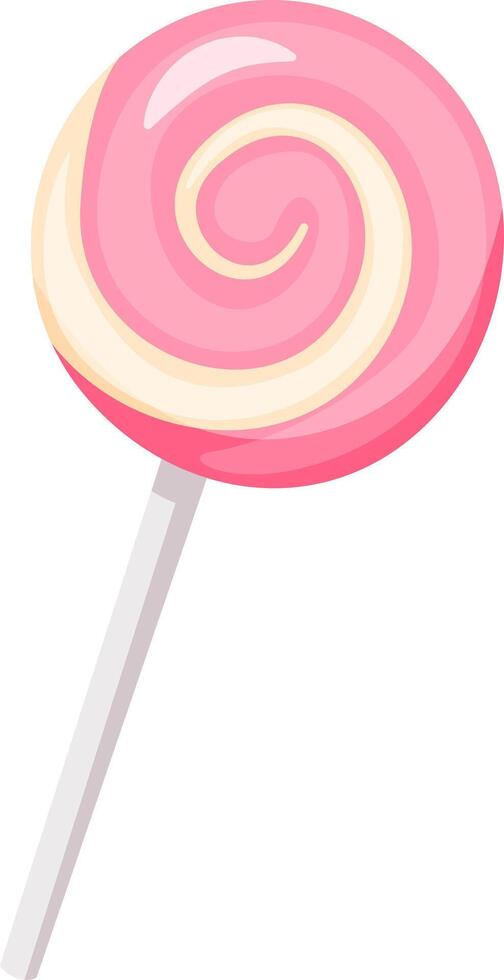 Round candy featuring a delightful pink and white swirl pattern on a stick captivates with its sugary charm, appealing to both children and adults alike. Perfect for indulgent moments. vector