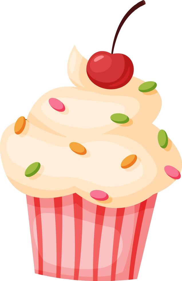 Creamy vanilla cupcake topped with vibrant sprinkles and a fresh cherry, embodying a delightful sense of sweetness and indulgence, perfect for celebrations and special occasions vector