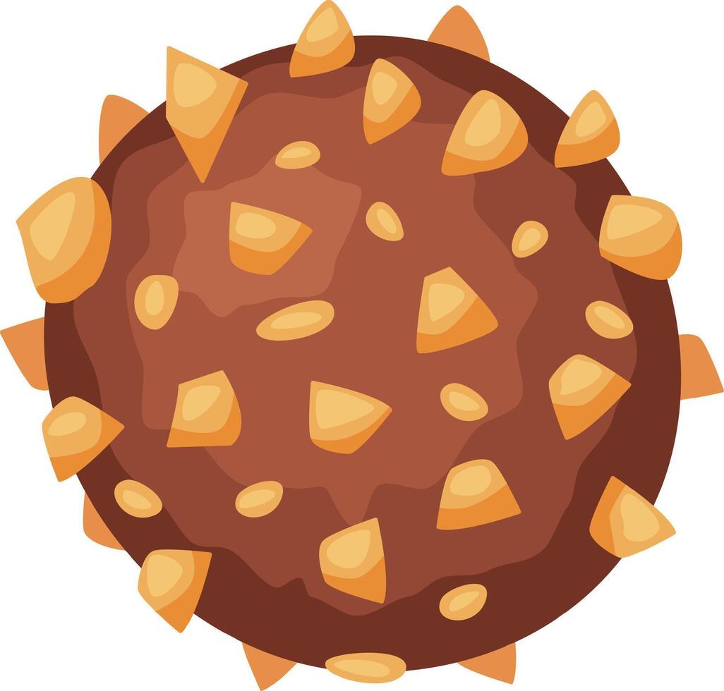 Round chocolate candy with caramel pieces and spikes rotating on white background, creating a delicious and visually appealing treat for candy lovers vector