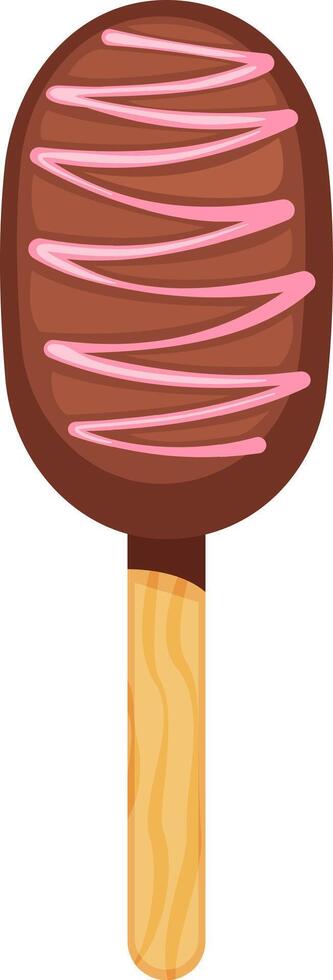 Indulging in a delicious chocolate cake pop featuring pink icing stripes on a wooden stick, presenting a visually appealing and sweet treat perfect for any celebration vector