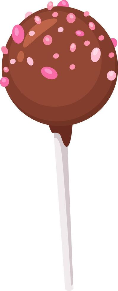 Delicious chocolate cake pop dipped in chocolate and covered with pink sprinkles on a white stick, creating a sweet treat for dessert or snack time vector