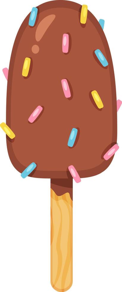 Delicious chocolate ice cream bar on a wooden stick, generously coated in colorful sprinkles, creating a festive treat, isolated against a clean white background vector
