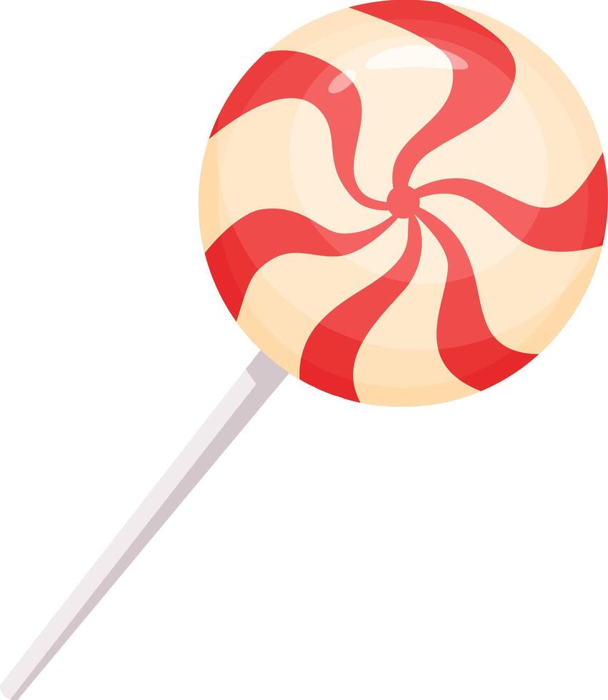 Colorful round lollipop featuring vibrant red and white swirling stripes, inviting enjoyment as a delightful sweet treat. Perfectly embodying childhood joy and fun vector