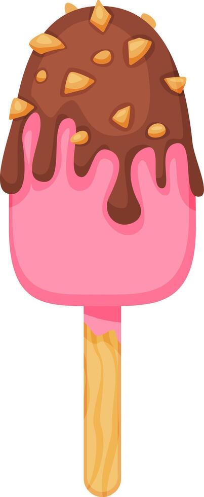 Delicious pink ice cream, generously coated in melting chocolate and sprinkled with crunchy nut pieces, creating a refreshing and indulgent summer dessert on a wooden stick vector